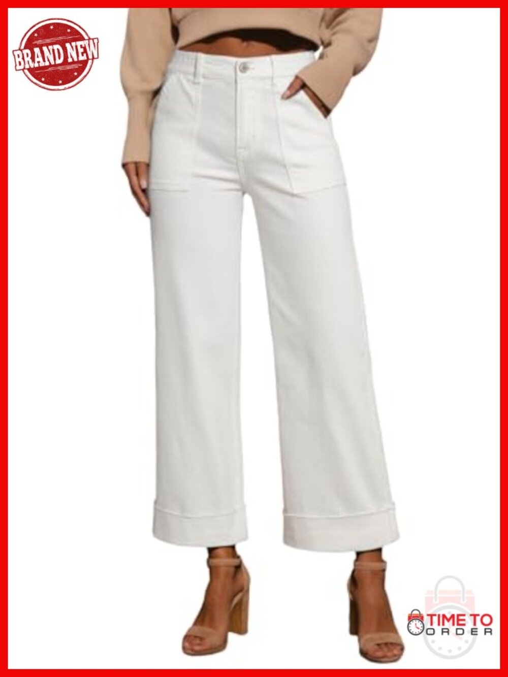 High Waist Wide Leg Cropped Ankle Length Stretchy Cotton Blend Jeans